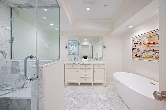 bathroom featuring crown molding, vanity, and independent shower and bath