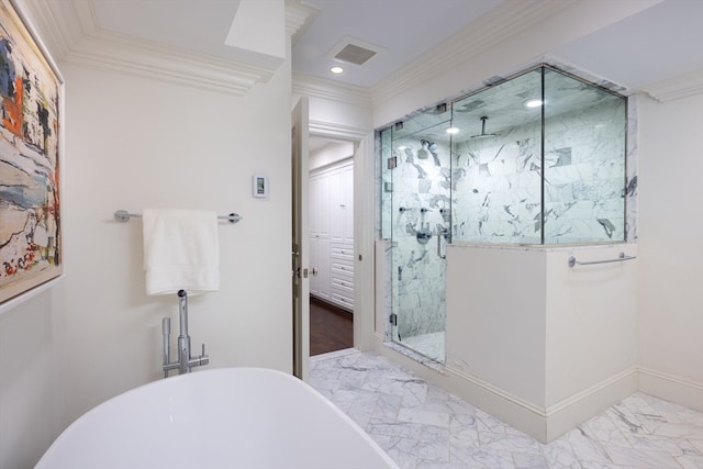 bathroom with shower with separate bathtub and ornamental molding