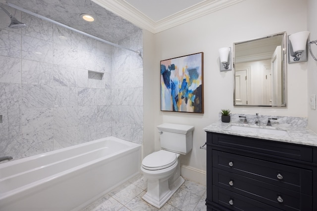 full bathroom featuring vanity, tiled shower / bath, ornamental molding, and toilet