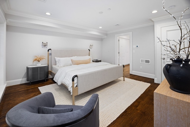 bedroom with crown molding and dark wood-type flooring