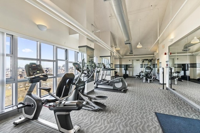 exercise room with a towering ceiling and carpet