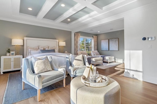 10 Old County Rd Unit 19, Hudson, MA 01749 - bedroom with beamed ceiling, wood finished floors, coffered ceiling, and crown molding