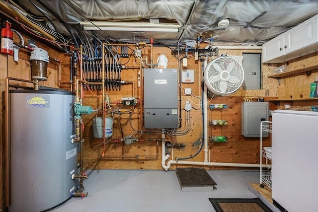 utilities with water heater, electric panel, and washer / clothes dryer