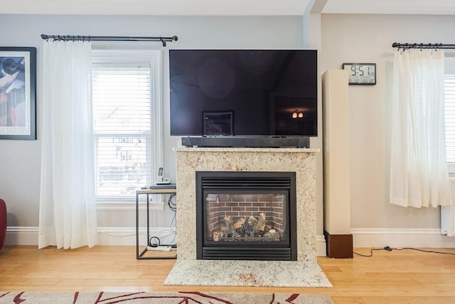 detailed view of wood finished floors, baseboards, and a premium fireplace