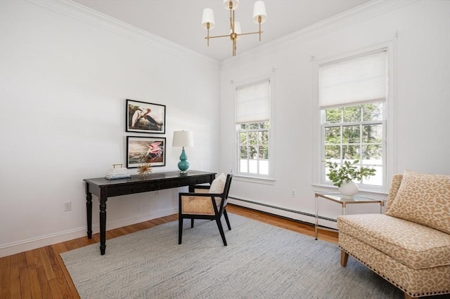home office with a baseboard radiator, wood finished floors, an inviting chandelier, baseboards, and ornamental molding