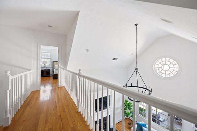 hall featuring a wealth of natural light, vaulted ceiling, and light wood finished floors