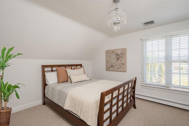 bedroom with lofted ceiling, a baseboard heating unit, light carpet, baseboards, and a notable chandelier