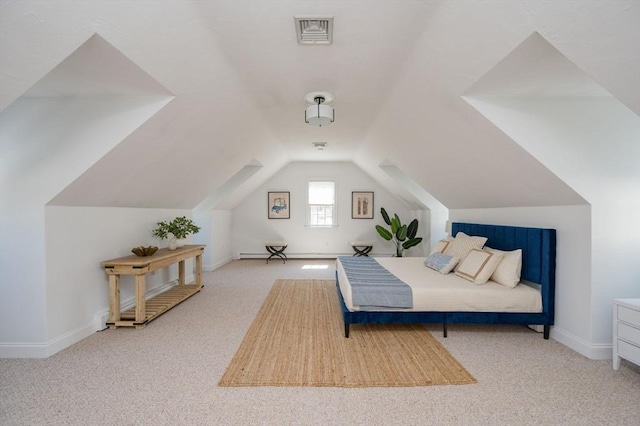 bedroom featuring carpet, visible vents, and lofted ceiling