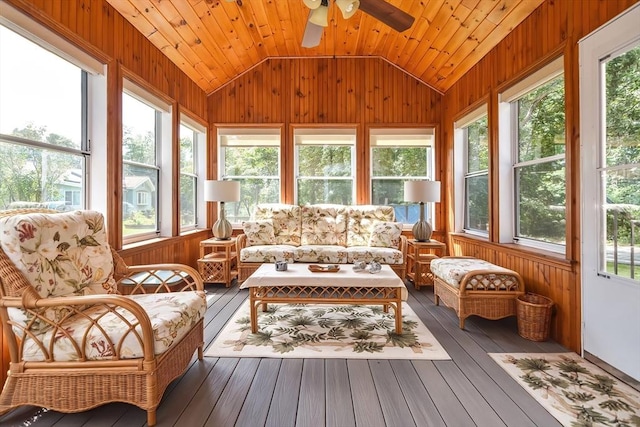 sunroom / solarium featuring vaulted ceiling, a healthy amount of sunlight, and wood ceiling