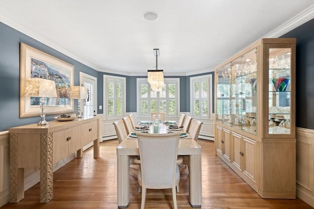 dining room with crown molding, a wainscoted wall, light wood finished floors, and a decorative wall