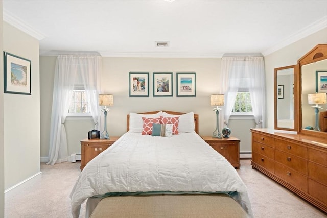 bedroom with carpet flooring, visible vents, ornamental molding, and multiple windows