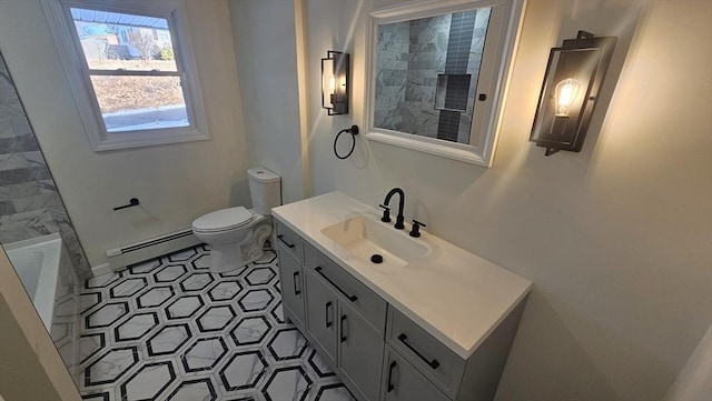 bathroom with a shower, toilet, a baseboard radiator, vanity, and a bath