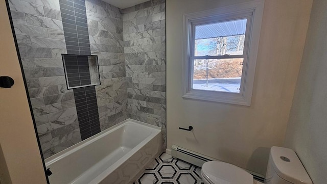 full bath featuring toilet, shower / bath combination, baseboards, and baseboard heating