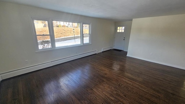 empty room featuring a baseboard heating unit, a baseboard radiator, dark wood-style floors, and baseboards