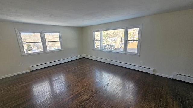 spare room with a baseboard radiator, dark wood-style flooring, baseboards, and baseboard heating