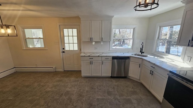 kitchen featuring a wealth of natural light, a sink, backsplash, and stainless steel dishwasher