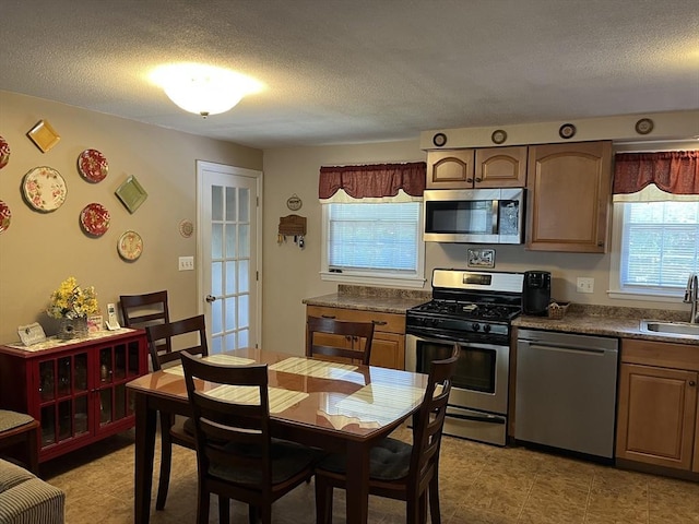 48 Birchcroft, Leominster, MA 01453 - kitchen with appliances with stainless steel finishes, plenty of natural light, dark countertops, and a textured ceiling