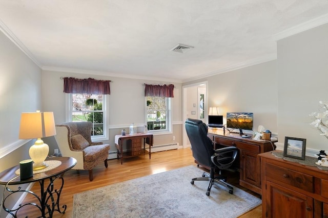 home office featuring visible vents, ornamental molding, and light wood-style floors