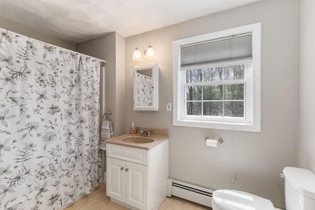 bathroom featuring vanity, a baseboard radiator, toilet, and a shower with shower curtain