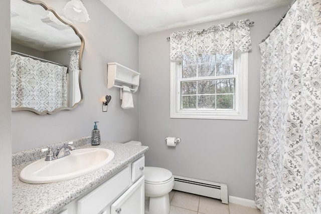 full bathroom featuring tile patterned flooring, vanity, toilet, baseboard heating, and a shower with curtain