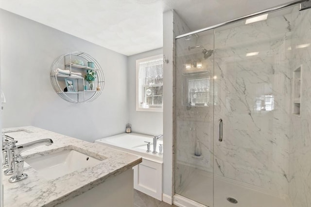 full bathroom with vanity, a marble finish shower, and a bath