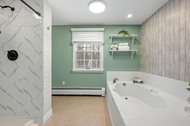 bathroom featuring a baseboard radiator, tile patterned floors, and plus walk in shower