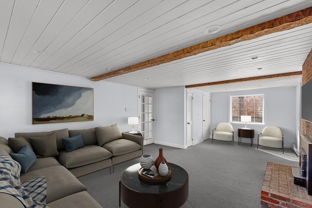 living room featuring dark carpet, wood ceiling, baseboards, and french doors