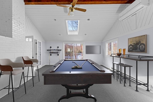 game room with lofted ceiling, carpet flooring, an AC wall unit, and pool table