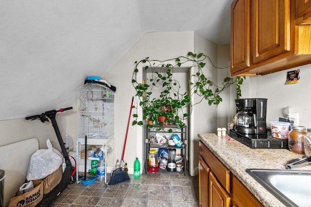 kitchen featuring vaulted ceiling and sink