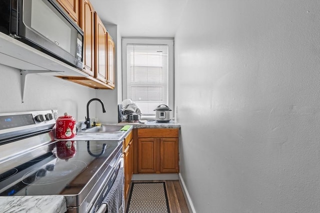 kitchen featuring wood-type flooring, sink, and electric stove