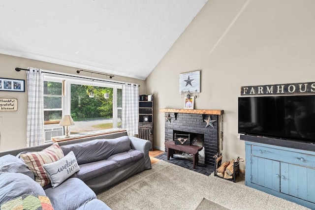 18 Russell Holmes Way, Carver, MA 02330 - living room featuring a brick fireplace and high vaulted ceiling