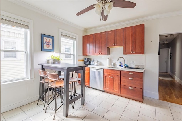 28 Edison Grn Unit 2, Boston, MA 02125 - kitchen featuring dishwasher, a ceiling fan, ornamental molding, light countertops, and tasteful backsplash