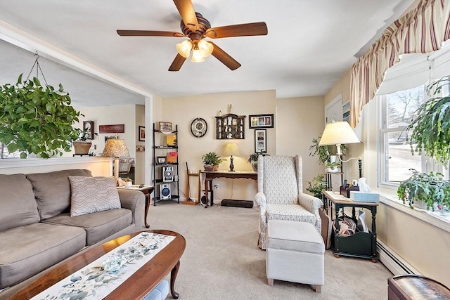 carpeted living room featuring ceiling fan