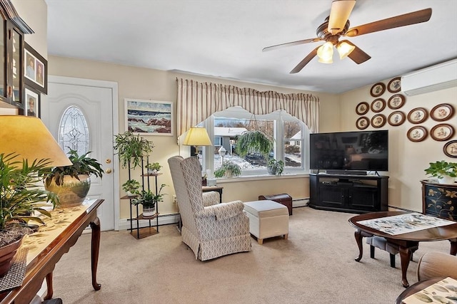 living room featuring a baseboard radiator, carpet floors, a wall mounted AC, and ceiling fan