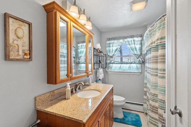 bathroom featuring a baseboard radiator, vanity, toilet, and a shower with shower curtain