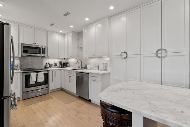 kitchen featuring white cabinetry, sink, stainless steel appliances, and a kitchen breakfast bar