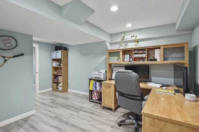 79 Flanagan Dr, Framingham, MA 01701 - home office featuring baseboards, light wood-style flooring, and recessed lighting