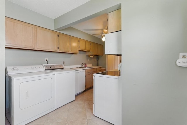 1064 James St Unit 1064, Chicopee, MA 01022 - laundry room featuring washing machine and clothes dryer, ceiling fan, and light tile patterned floors