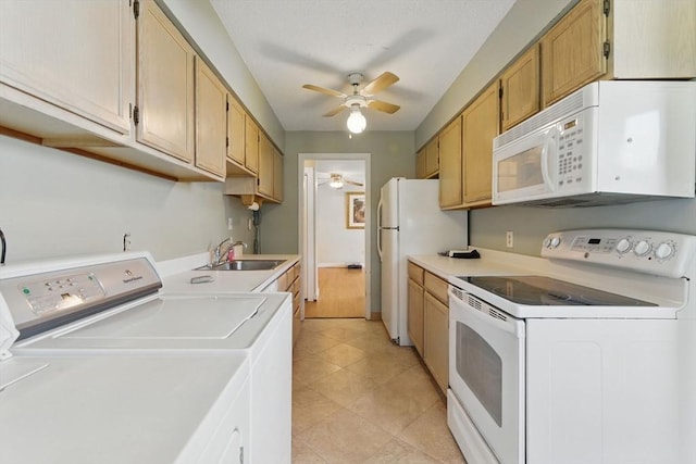 1064 James St Unit 1064, Chicopee, MA 01022 - kitchen featuring white appliances, a sink, a ceiling fan, and light countertops