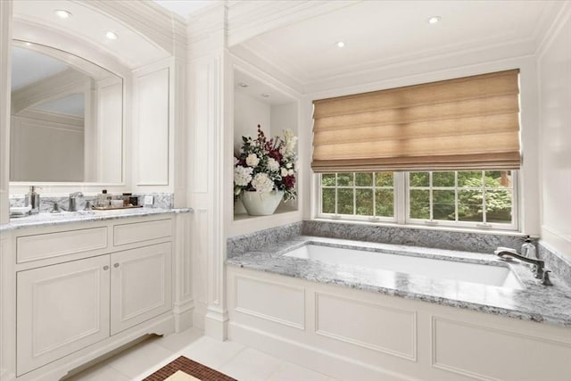 54 Wagon Rd, Walpole, MA 02081 - bathroom featuring vanity, tile patterned flooring, a garden tub, crown molding, and recessed lighting