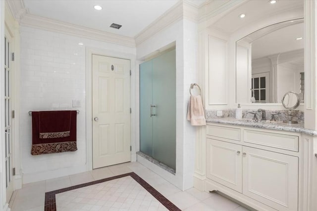 54 Wagon Rd, Walpole, MA 02081 - bathroom featuring vanity, a stall shower, crown molding, and recessed lighting