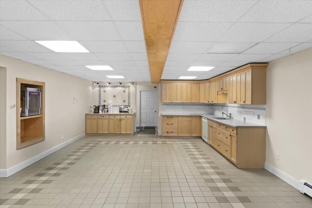 54 Wagon Rd, Walpole, MA 02081 - kitchen featuring light brown cabinets, a baseboard heating unit, light tile patterned floors, light countertops, and a drop ceiling