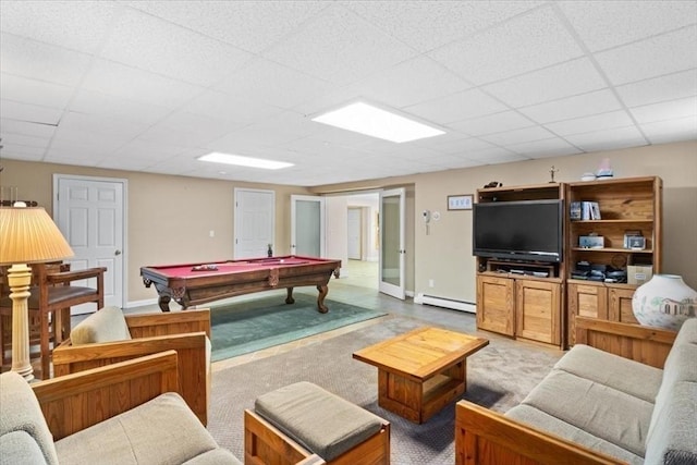 54 Wagon Rd, Walpole, MA 02081 - game room featuring baseboard heating, pool table, carpet, and a drop ceiling