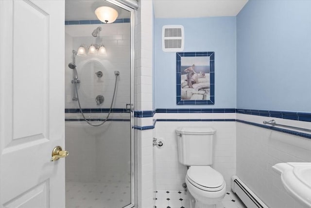 54 Wagon Rd, Walpole, MA 02081 - full bathroom featuring a stall shower, a wainscoted wall, tile walls, and a baseboard radiator