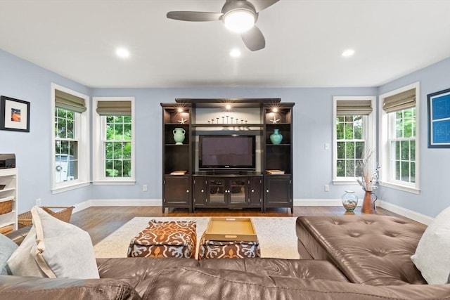 35 Orchard Rd, Milton, MA 02186 - living area featuring baseboards, ceiling fan, wood finished floors, and recessed lighting