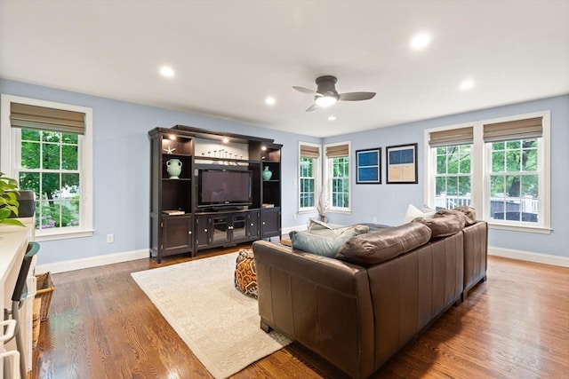 35 Orchard Rd, Milton, MA 02186 - living room with ceiling fan, wood finished floors, baseboards, and recessed lighting