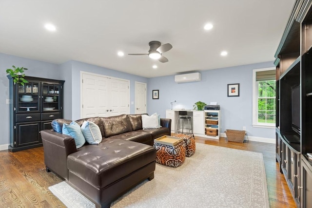 35 Orchard Rd, Milton, MA 02186 - living room featuring a wall mounted air conditioner, a ceiling fan, dark wood finished floors, recessed lighting, and baseboards