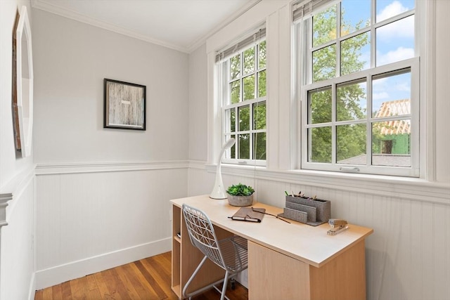 35 Orchard Rd, Milton, MA 02186 - home office featuring light wood-style flooring, ornamental molding, a wainscoted wall, and baseboards