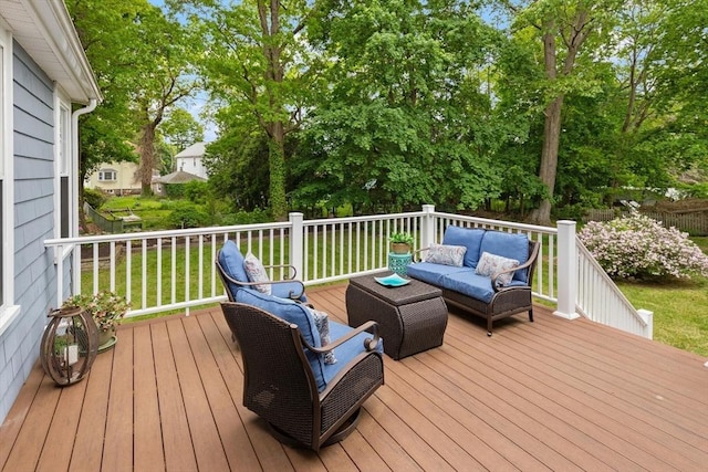 35 Orchard Rd, Milton, MA 02186 - wooden deck with an outdoor living space, a lawn, and view of scattered trees