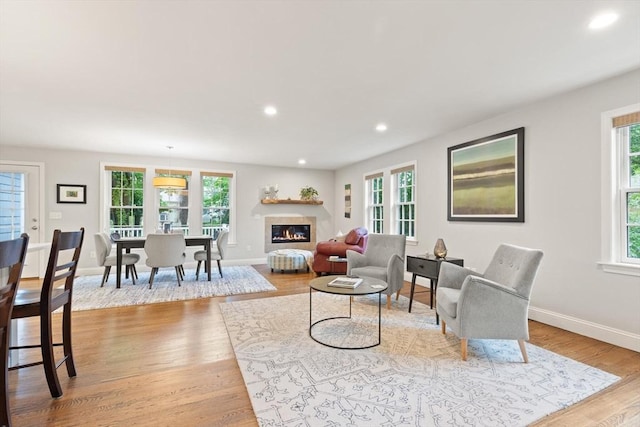 35 Orchard Rd, Milton, MA 02186 - living room featuring healthy amount of natural light, baseboards, a glass covered fireplace, recessed lighting, and light wood-style floors